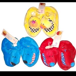 Baby Slippers Blue Dog, Red Dog & Yellow Bear , 0-10mo, Harvest Moon, Lot Of 3
